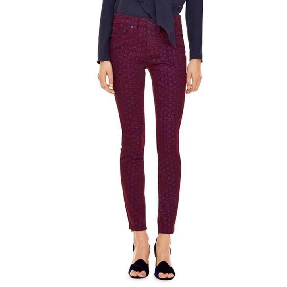 Tory Burch Denim Red Agate Bern Patterned Jeans Mid Rise Skinny Floral Size 26